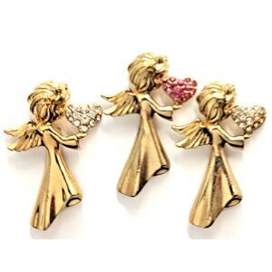 Angel Heart Pins Lot 3 Gold Tone Rhinestone Religious Brooch